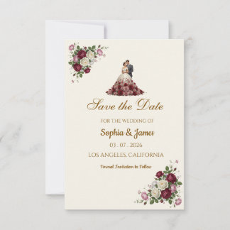 Modern Burgundy Floral Illustrated Photo Save the  Spara Datumet