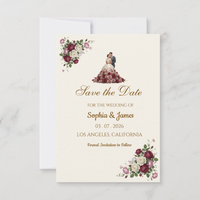 Modern Burgundy Floral Illustrated Photo Save the  Spara Datumet (Framsida)