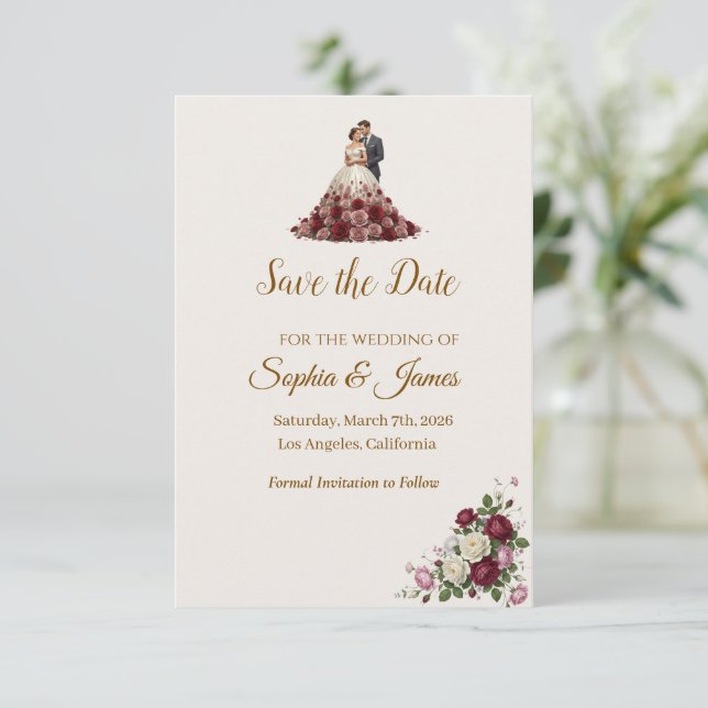 Modern Burgundy Floral Save the Date Card  Spara Datumet (Stående Fram)