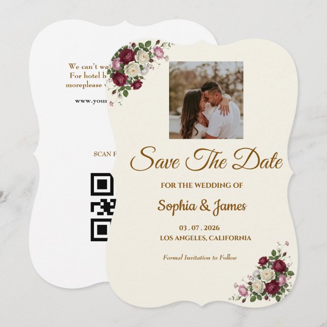 Modern Burgundy Floralm Photo Save the Date card (Fram/baksida)