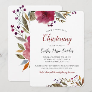 Modern Burgundy Flowers Baptism Christening Inbjudningar