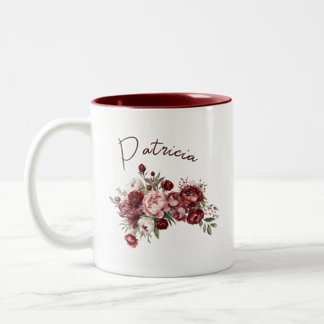 Modern Burgundy Flowers Två-Tonad Mugg (Vänster)