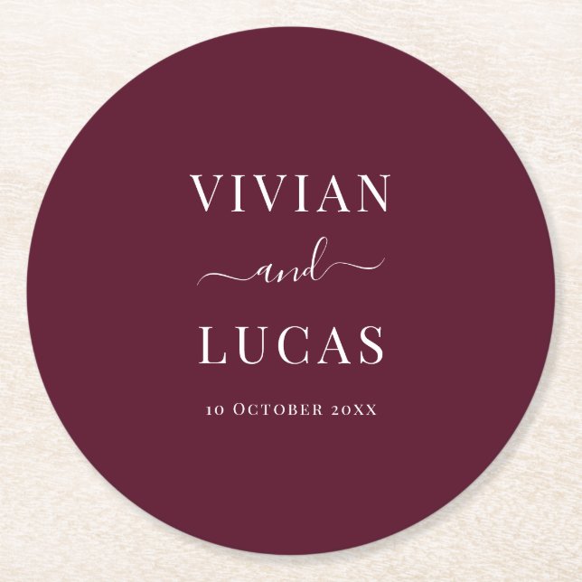 Modern Burgundy Formell Minimal Bröllop Underlägg Papper Rund (Framsidan)