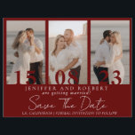 Modern Burgundy Foto Collage Spara Datum Kort   Reklamblad<br><div class="desc">Fantastiska och moderna Spara datum-kort för din brölloppsfest. Spara datum-korten levereras med en anpassningsbar fotokollage-stil av paret och extra detaljer på baksidan. Bröllopskorten är lätta att anpassa och anländer till en låg budget.</div>