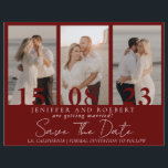 Modern Burgundy Foto Collage Spara Datum Kort   Reklamblad<br><div class="desc">Fantastiska och moderna Spara datum-kort för din brölloppsfest. Spara datum-korten levereras med en anpassningsbar fotokollage-stil av paret och extra detaljer på baksidan. Bröllopskorten är lätta att anpassa och anländer till en låg budget.</div>