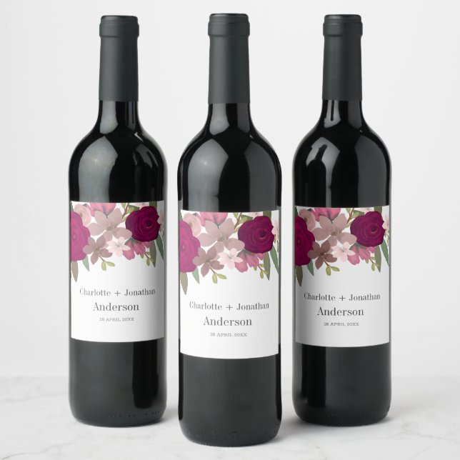 Modern Burgundy Garden Flowers Bröllop par Namn Vinflaska Etikett (Flaskor)