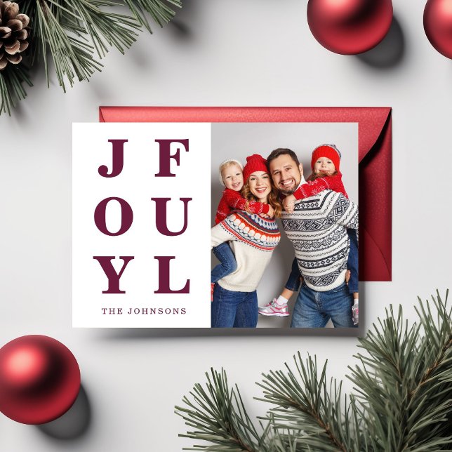 Modern Burgundy Glädjande Foto Jul Julkort (Modern Burgundy Joyful Photo Christmas Holiday Card)