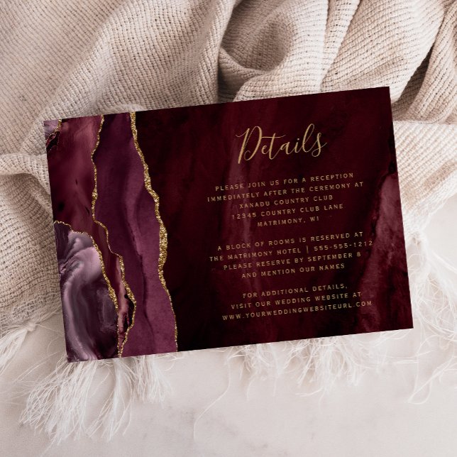 Modern Burgundy Gold Agate Wedding Details Tilläggskort (Skapare uppladdad)