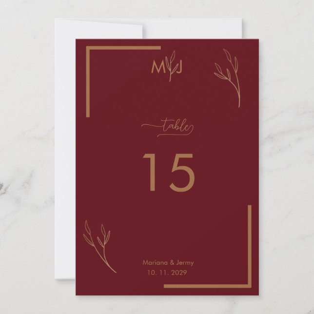 Modern Burgundy Golden Border Wedding Table Number Inbjudningar (Framsida)