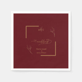 Modern Burgundy Golden Leaflet Border Monogram Pappersservett
