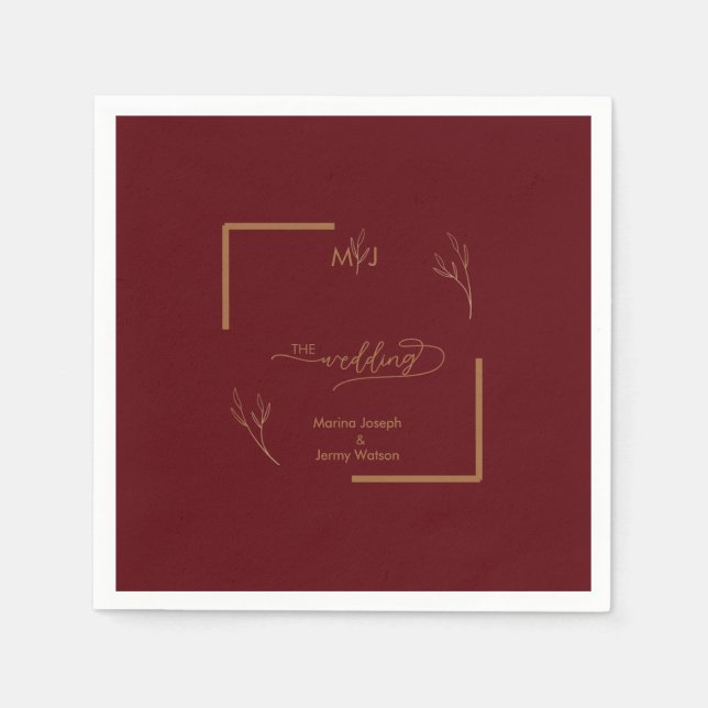 Modern Burgundy Golden Leaflet Border Monogram Pappersservett (Framsidan)