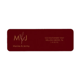 Modern Burgundy Golden Leaflet Monogram  Returadress Etikett