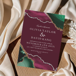 Modern burgundy & Grönt Agate Bröllop Inbjudningar