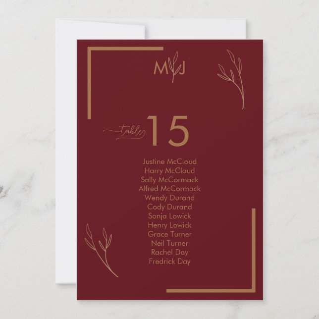 Modern Burgundy Guests Seating List Table Number Inbjudningar (Framsida)