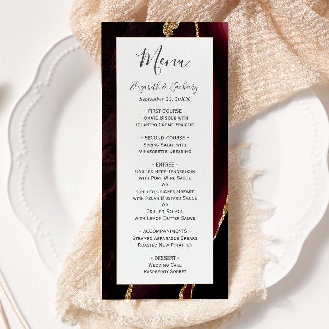 Modern Burgundy Guld Agate Bröllop Meny (Skapare uppladdad)