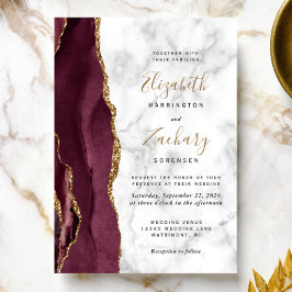 Modern Burgundy Guld Agate Marble Bröllop Inbjudningar