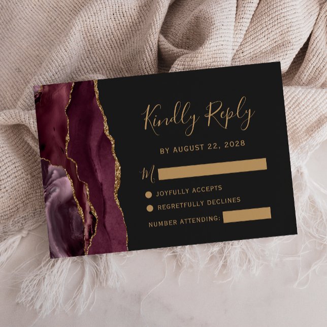 Modern Burgundy Guld Agate Mörk Bröllop OSA Card (Skapare uppladdad)