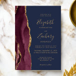 Modern Burgundy Guld Agate Navy Blue Bröllop Inbjudningar<br><div class="desc">Den här elegantens lämnat kant har en modern bröllopsinbjudan med en burgundisk vattenfärgad agat gräns som trimmas med guld faux glitter. Anpassadet kombinerar handskrift,  rityta och kursivt typsnitt med guld-färgad på en marin blå bakgrund. Den bakomliggande sidan har en matchande burgundi och guld-agate-design.</div>