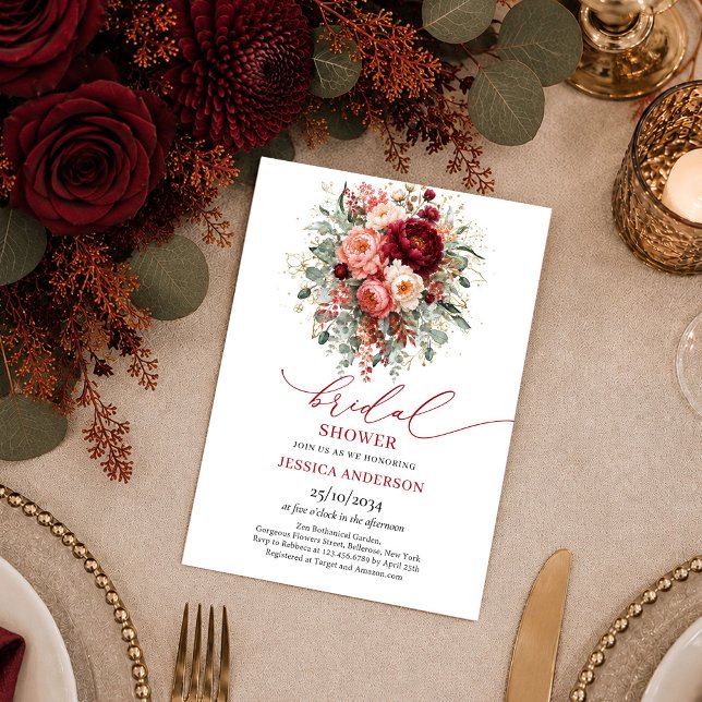 Modern Burgundy Guld Blommig höft bröllopsdusch i Inbjudningar (Modern Burgundy Gold Floral autumn bridal shower invitation

)