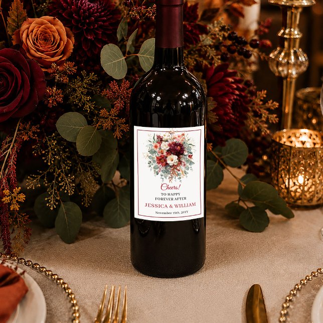 Modern Burgundy Guld Blommig Höst boho blommig vin Vinflaska Etikett (Modern Burgundy Gold Floral Autumn boho floral wine label

)