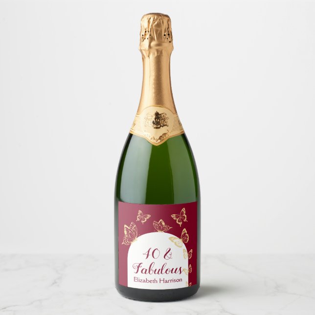 Modern burgundy Guld Butterflies Fabulous Birthday (Framsida)