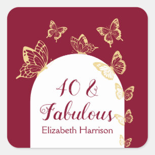 Modern burgundy Guld Butterflies Fabulous Birthday Fyrkantigt Klistermärke