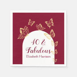 Modern burgundy Guld Butterflies Fabulous Birthday Pappersservett