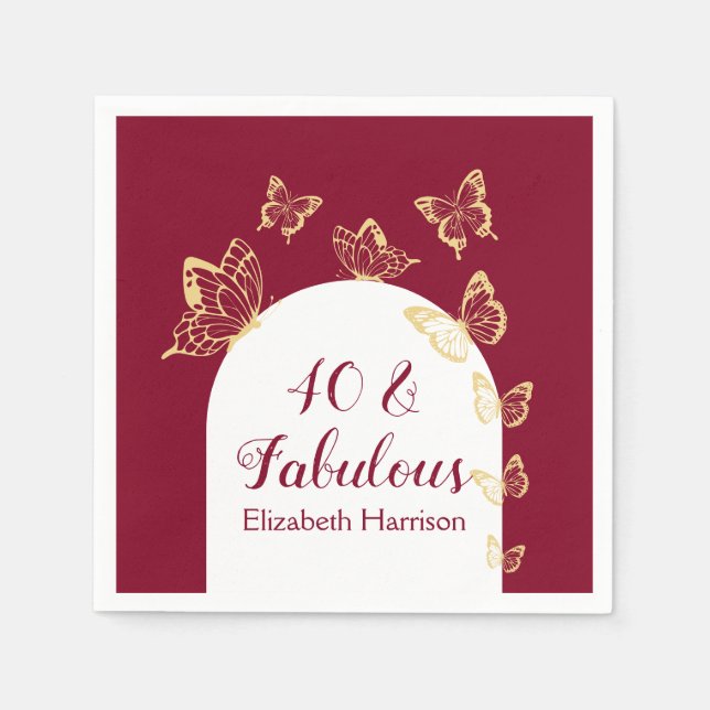Modern burgundy Guld Butterflies Fabulous Birthday Pappersservett (Framsidan)