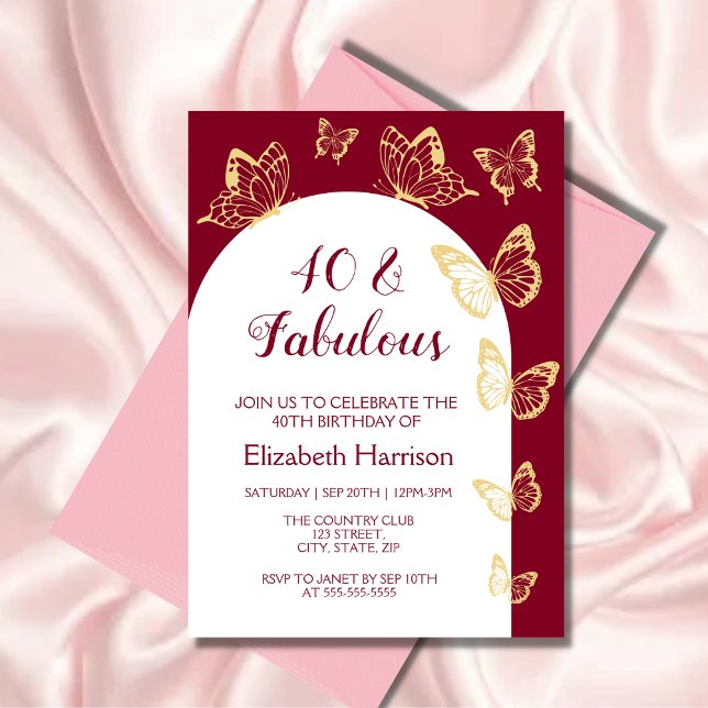 Modern burgundy Guld Butterfly Fabulous Birthday Inbjudningar (Skapare uppladdad)