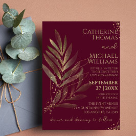 Modern Burgundy Guld Löv Bröllop Monogram Inbjudningar