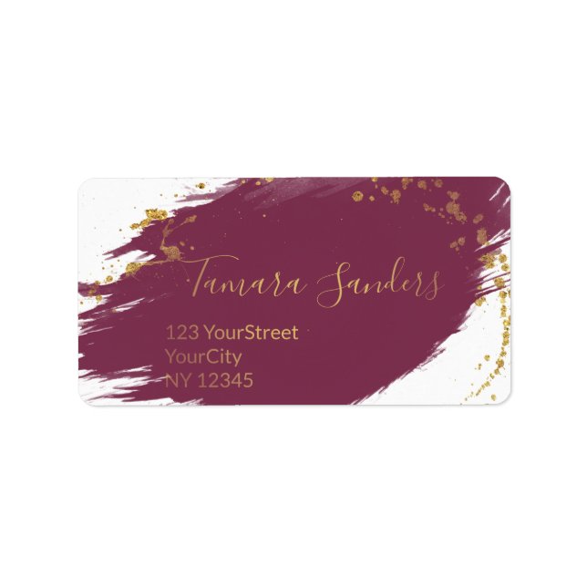 Modern Burgundy Guld Paint Strokes - Adressetikett (Framsidan)