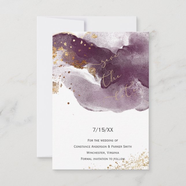 Modern Burgundy & Guld Penseldrag Save the Date (Framsida)