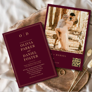 Modern Burgundy Guld Photo QR-kod Bröllop Inbjudningar