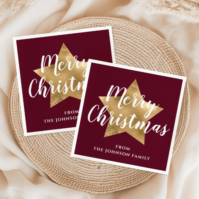 Modern Burgundy Guld Star God jul Pappersservett (Modern Burgundy Gold Star Merry Christmas Napkins)