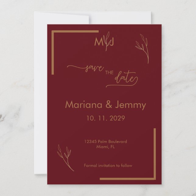 Modern Burgundy Guldblad Monogram Stil  Spara Datumet (Framsida)