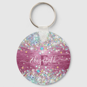 Modern Burgundy HoloGrapy Faux Glitter Monogram Nyckelring