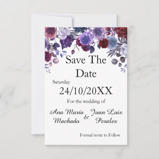 Modern Burgundy Lavender Dusty Blue Floral White Spara Datumet (Framsida)