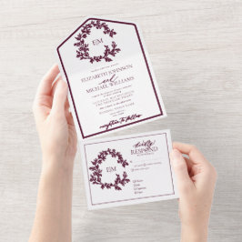 Modern burgundy Leafy Vapensköld Monogram Bröllop
