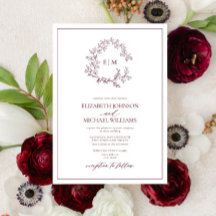 Modern burgundy Leafy Vapensköld Monogram Bröllop
