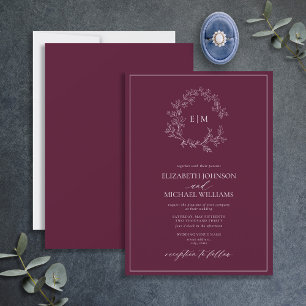 Modern burgundy Leafy Vapensköld Monogram Bröllop Inbjudningar
