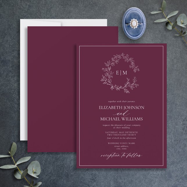 Modern burgundy Leafy Vapensköld Monogram Bröllop Inbjudningar (Skapare uppladdad)