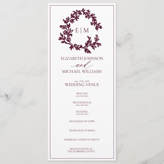 Modern burgundy Leafy Vapensköld Monogram Bröllop Program (Framsida)