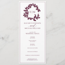Modern burgundy Leafy Vapensköld Monogram Bröllop Program
