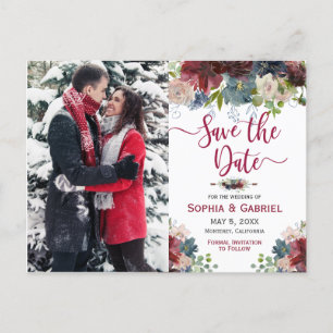 Modern Burgundy Marin Blommig Save the Date Foto Meddelande Vykort