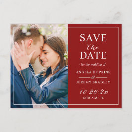 Modern burgundy Maron Red Photo Save Date Vykort