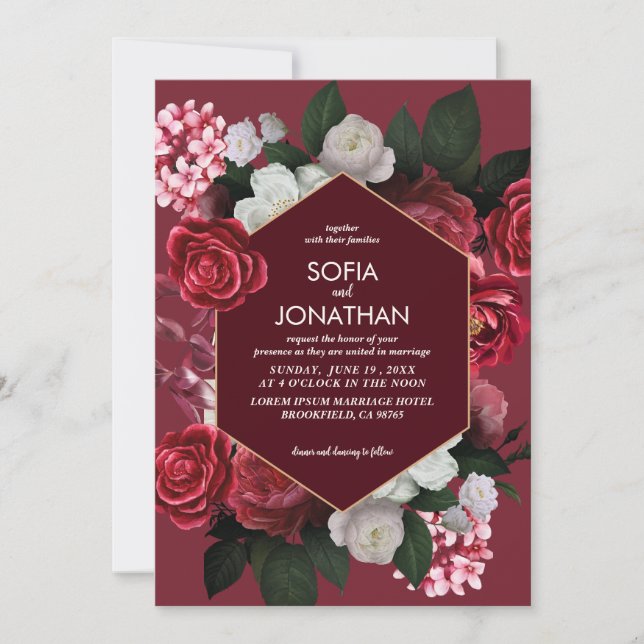 Modern Burgundy Maroon Rustic Blommigt Fall Weddin Inbjudningar (Framsida)