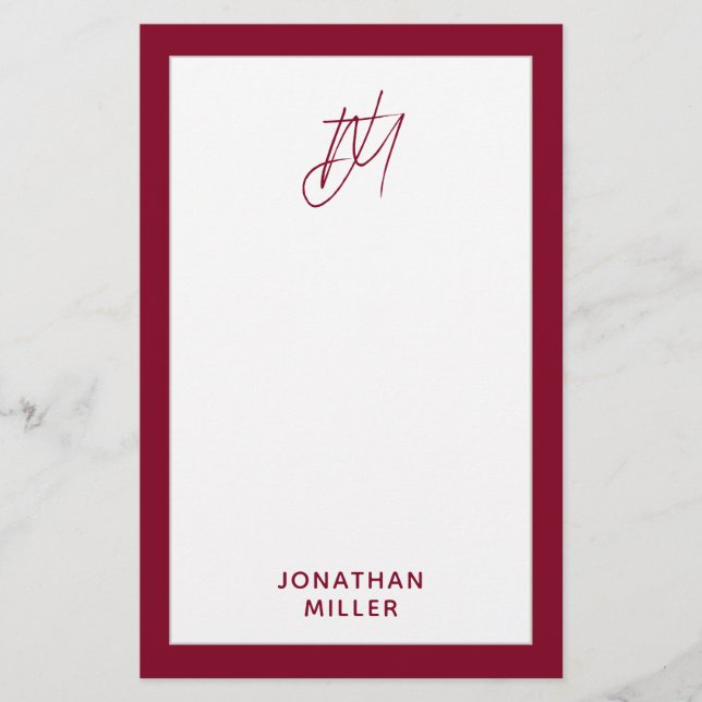 Modern Burgundy Monogram Brevpapper (Framsida)