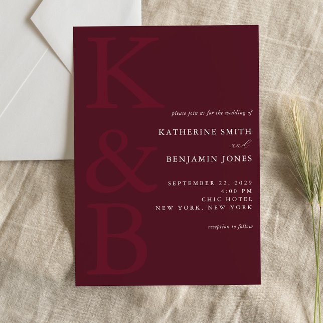Modern Burgundy Monogram Minimalist Wedding Inbjudningar (Skapare uppladdad)