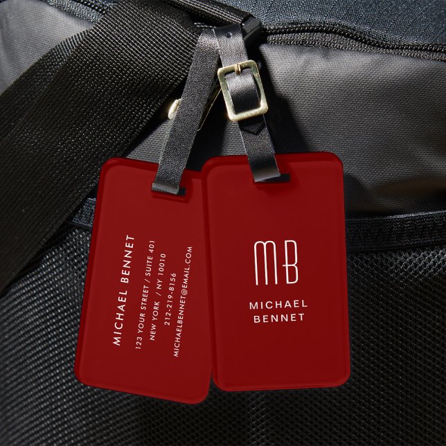 Modern Burgundy Monogrammed Bagagebricka (Modern Red Monogrammed Luggage Tag)
