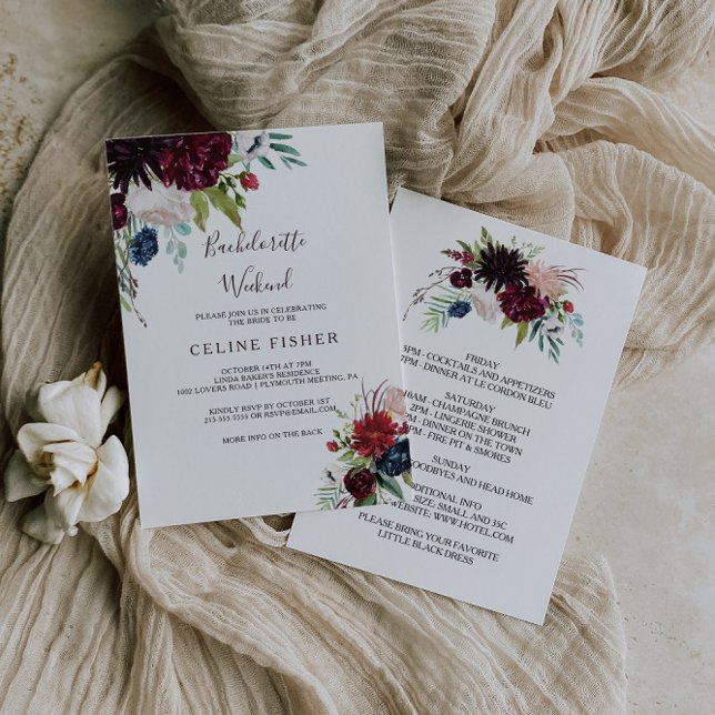 Modern Burgundy Navy Blommigt Bachelorette Helg Inbjudningar (Skapare uppladdad)